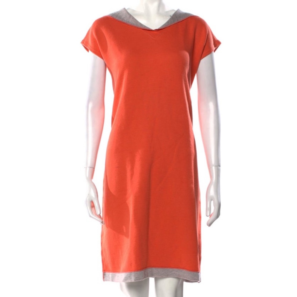 Saks Fifth Avenue Orange and Gray Short Sleeve V-Neck Hooded Mini Shift Dress